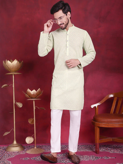 Jompers Men's Chikankari Embroidered Kurta with Pyjama - Pista