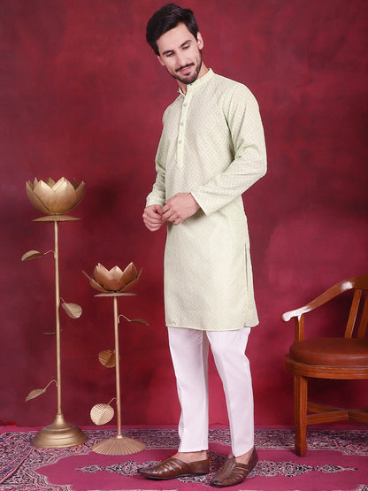 Jompers Men's Chikankari Embroidered Kurta with Pyjama - Pista