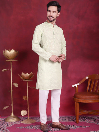 Jompers Men's Chikankari Embroidered Kurta with Pyjama - Pista