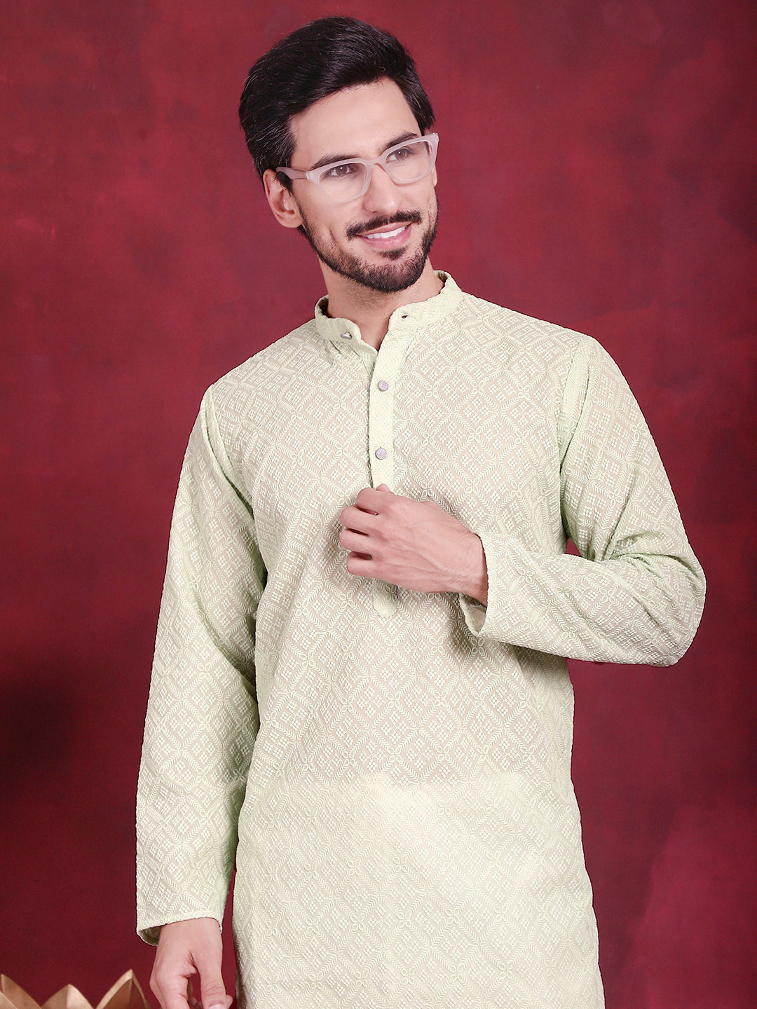 Jompers Men's Chikankari Embroidered Kurta with Pyjama - Pista