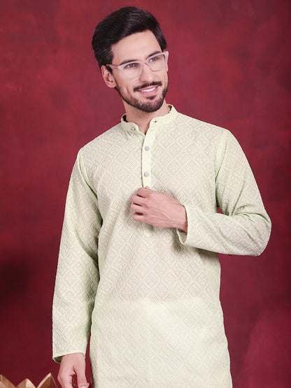 Jompers Men's Chikankari Embroidered Kurta with Pyjama - Pista