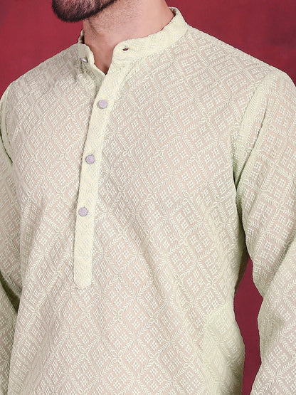 Jompers Men's Chikankari Embroidered Kurta with Pyjama - Pista