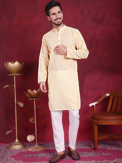 Jompers Men's Chikankari Embroidered Kurta with Pyjama - Yellow