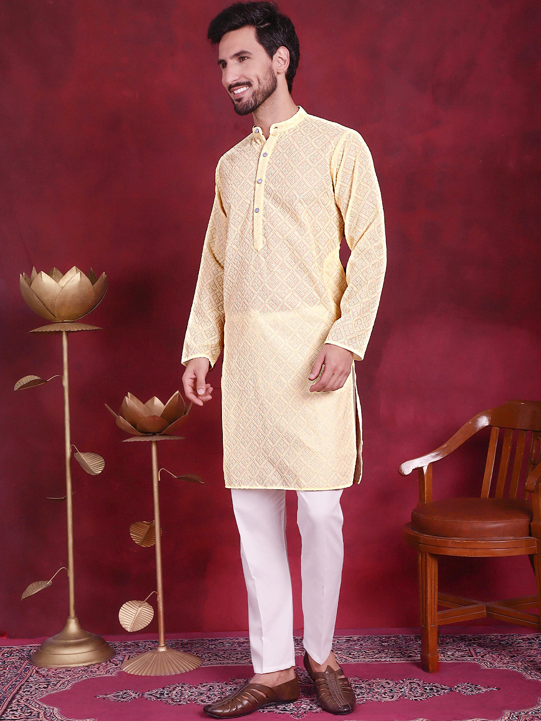 Jompers Men's Chikankari Embroidered Kurta with Pyjama - Yellow