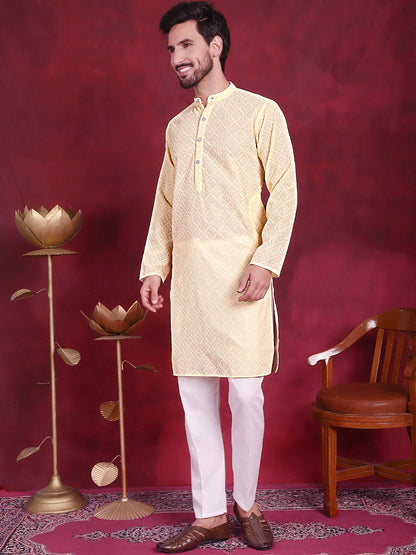Jompers Men's Chikankari Embroidered Kurta with Pyjama - Yellow