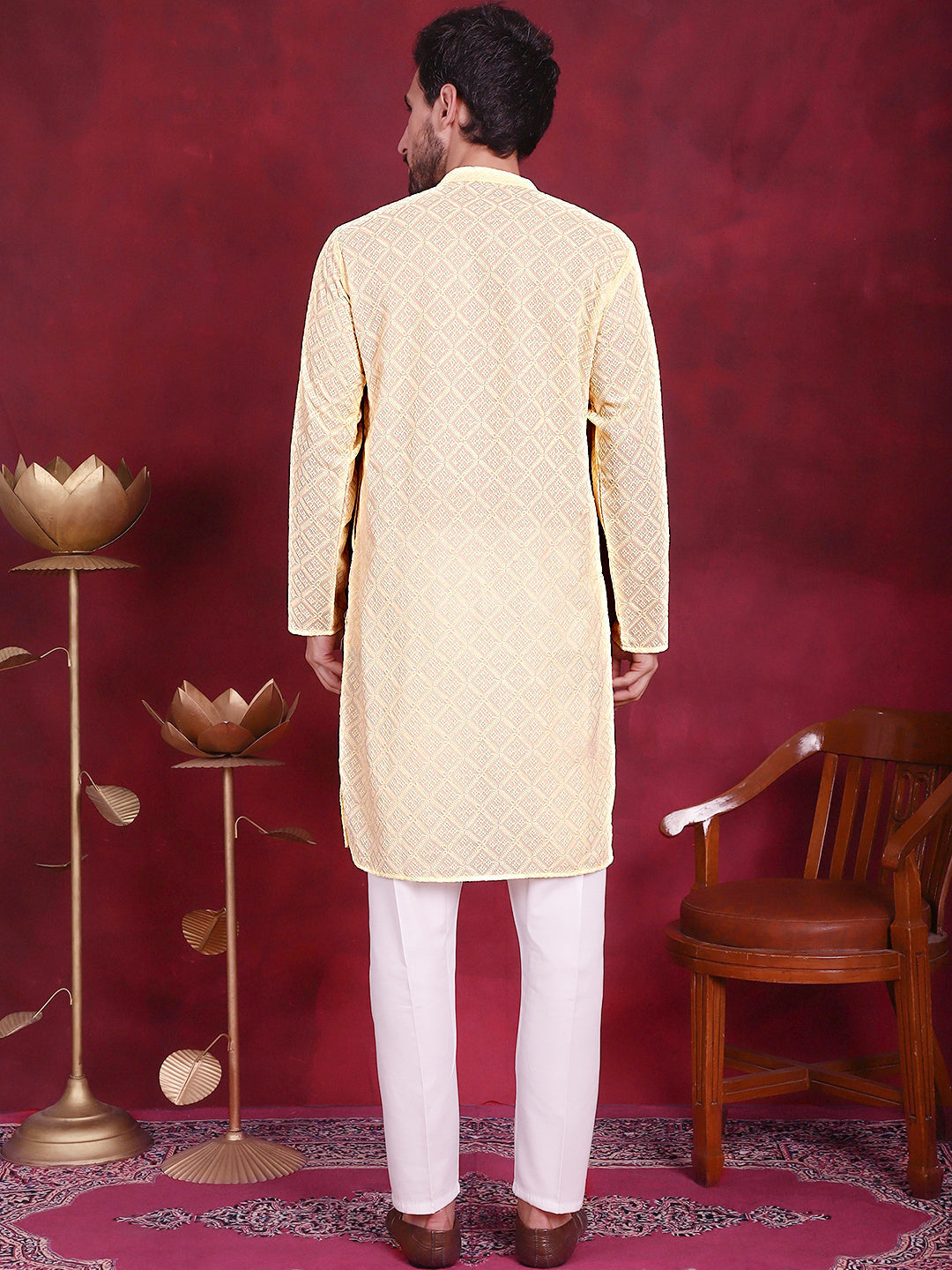 Jompers Men's Chikankari Embroidered Kurta with Pyjama - Yellow