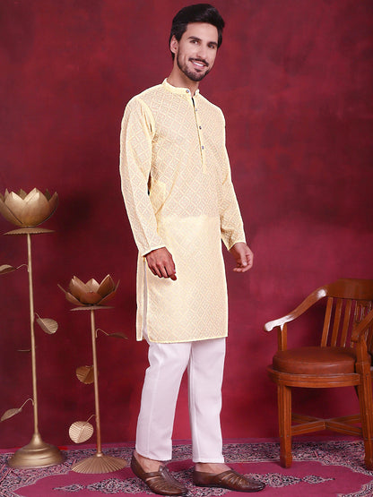 Jompers Men's Chikankari Embroidered Kurta with Pyjama - Yellow