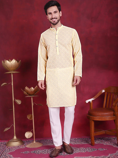 Jompers Men's Chikankari Embroidered Kurta with Pyjama - Yellow