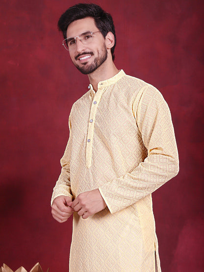 Jompers Men's Chikankari Embroidered Kurta with Pyjama - Yellow