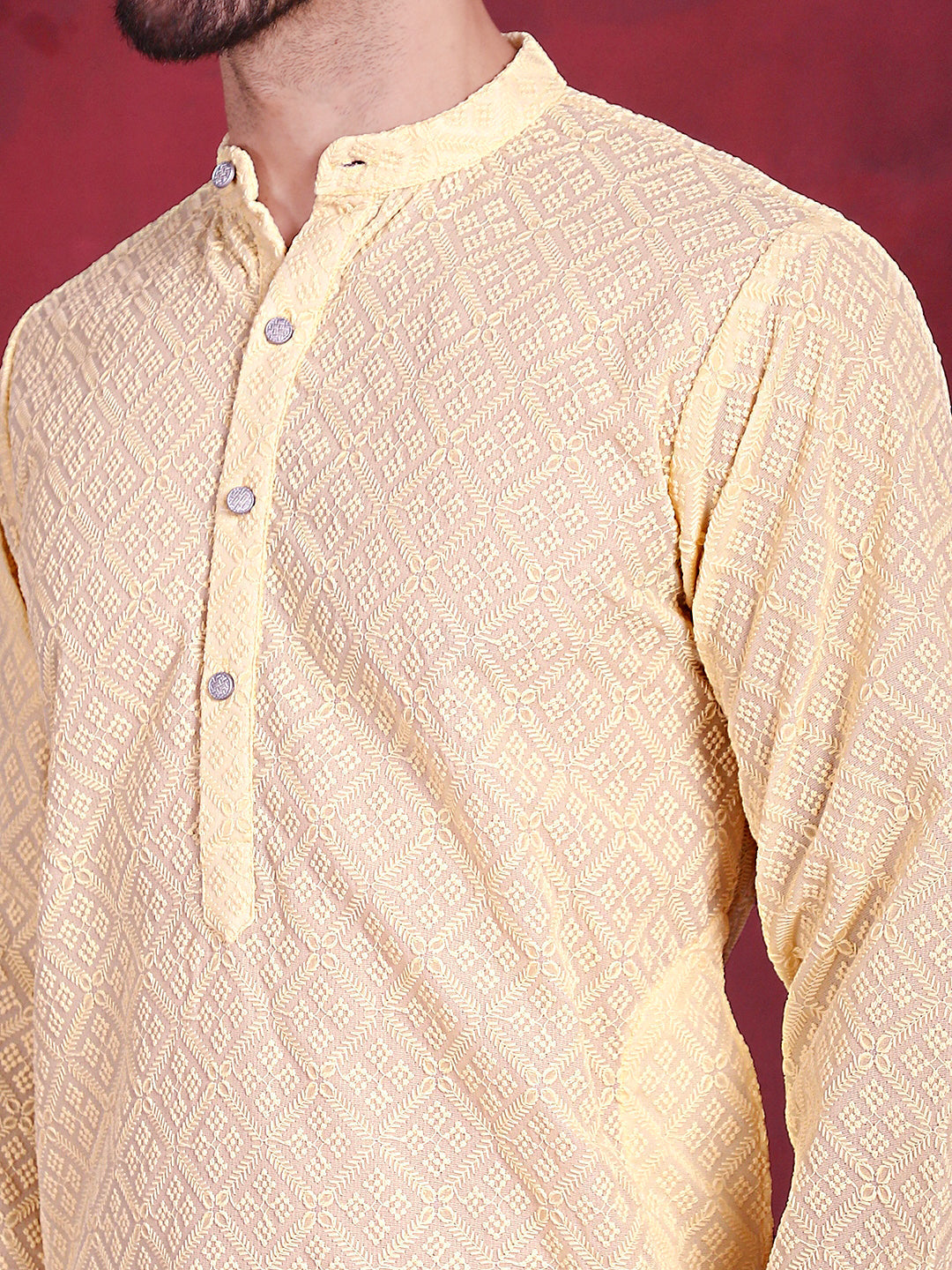 Jompers Men's Chikankari Embroidered Kurta with Pyjama - Yellow