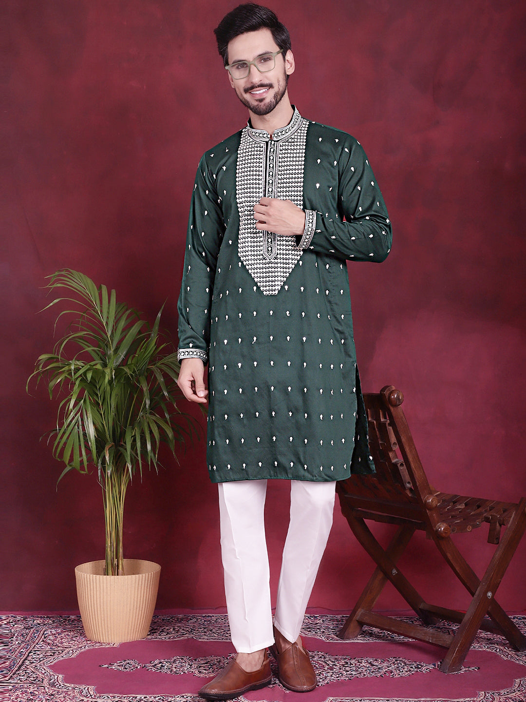 Jompers Men's Sequins Embroidered Kurta Pyjama Set - Olive