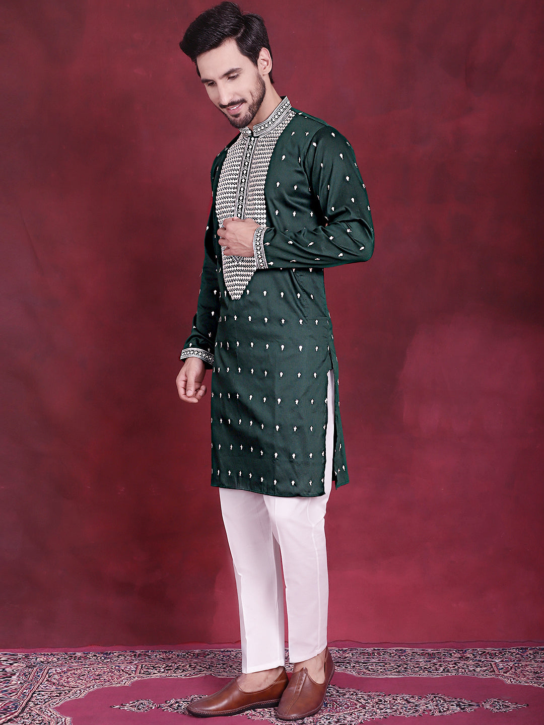 Jompers Men's Sequins Embroidered Kurta Pyjama Set - Olive
