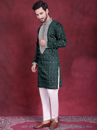 Jompers Men's Sequins Embroidered Kurta Pyjama Set - Olive