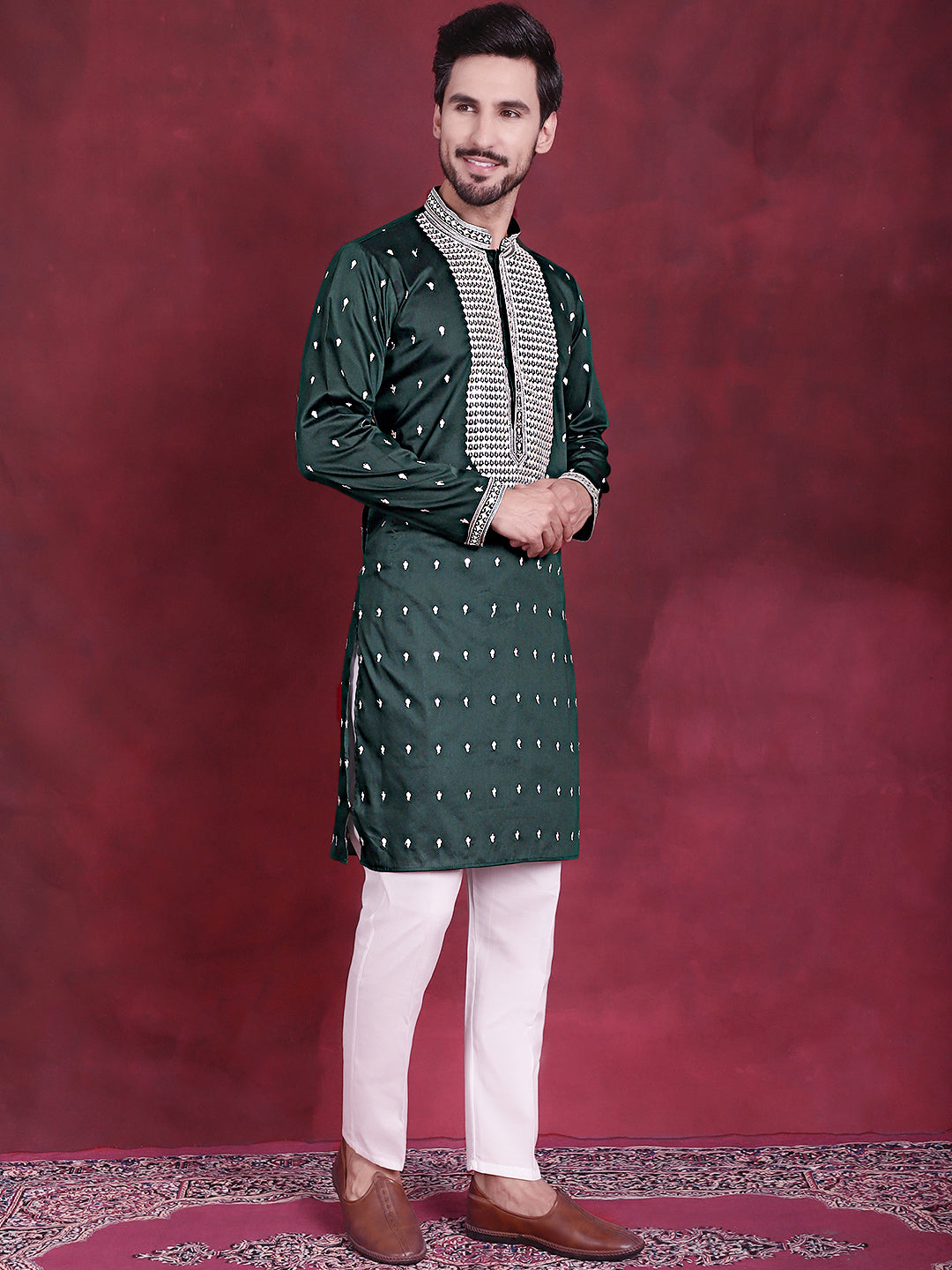 Jompers Men's Sequins Embroidered Kurta Pyjama Set - Olive