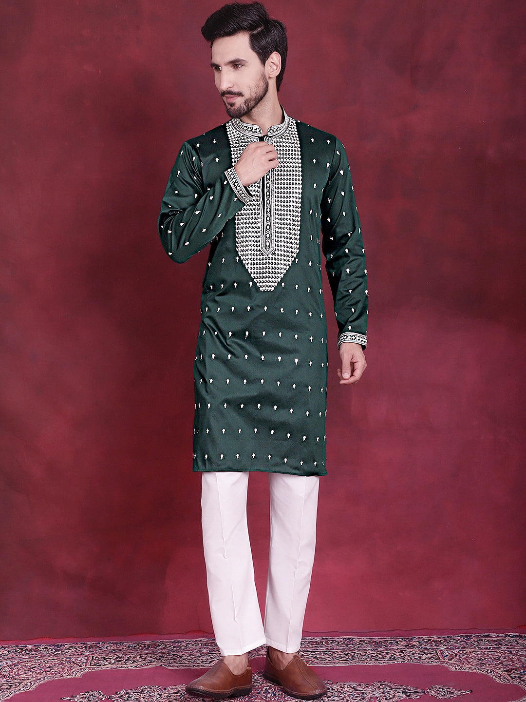 Jompers Men's Sequins Embroidered Kurta Pyjama Set - Olive