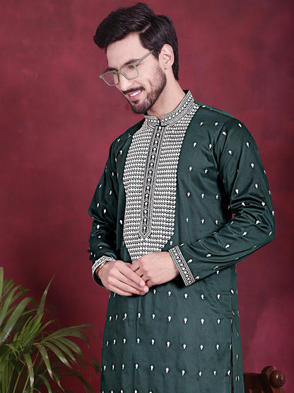 Jompers Men's Sequins Embroidered Kurta Pyjama Set - Olive