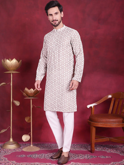 Jompers Men's Chikankari Embroidered Kurta Pyjama Set - Grey