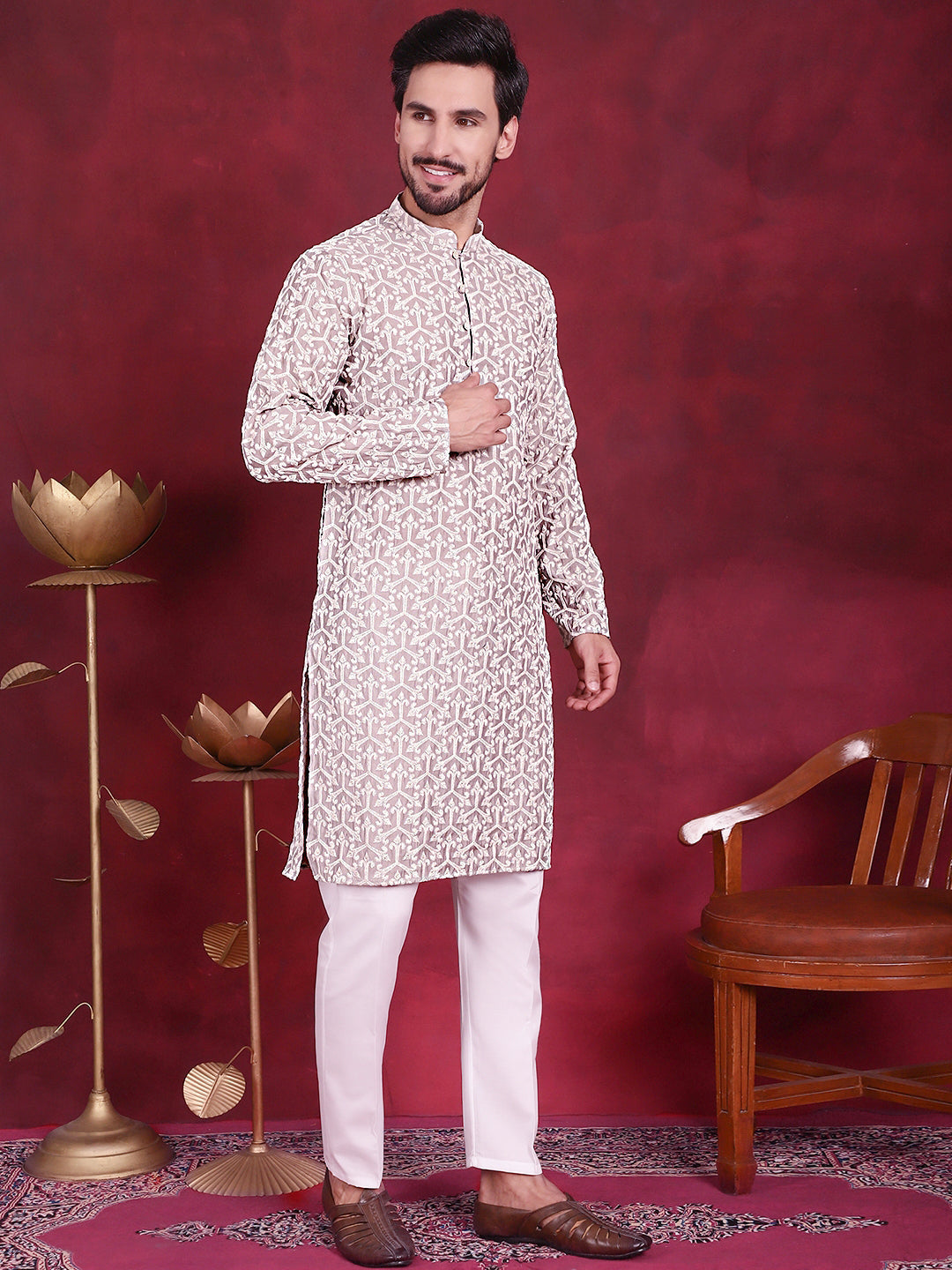 Jompers Men's Chikankari Embroidered Kurta Pyjama Set - Grey