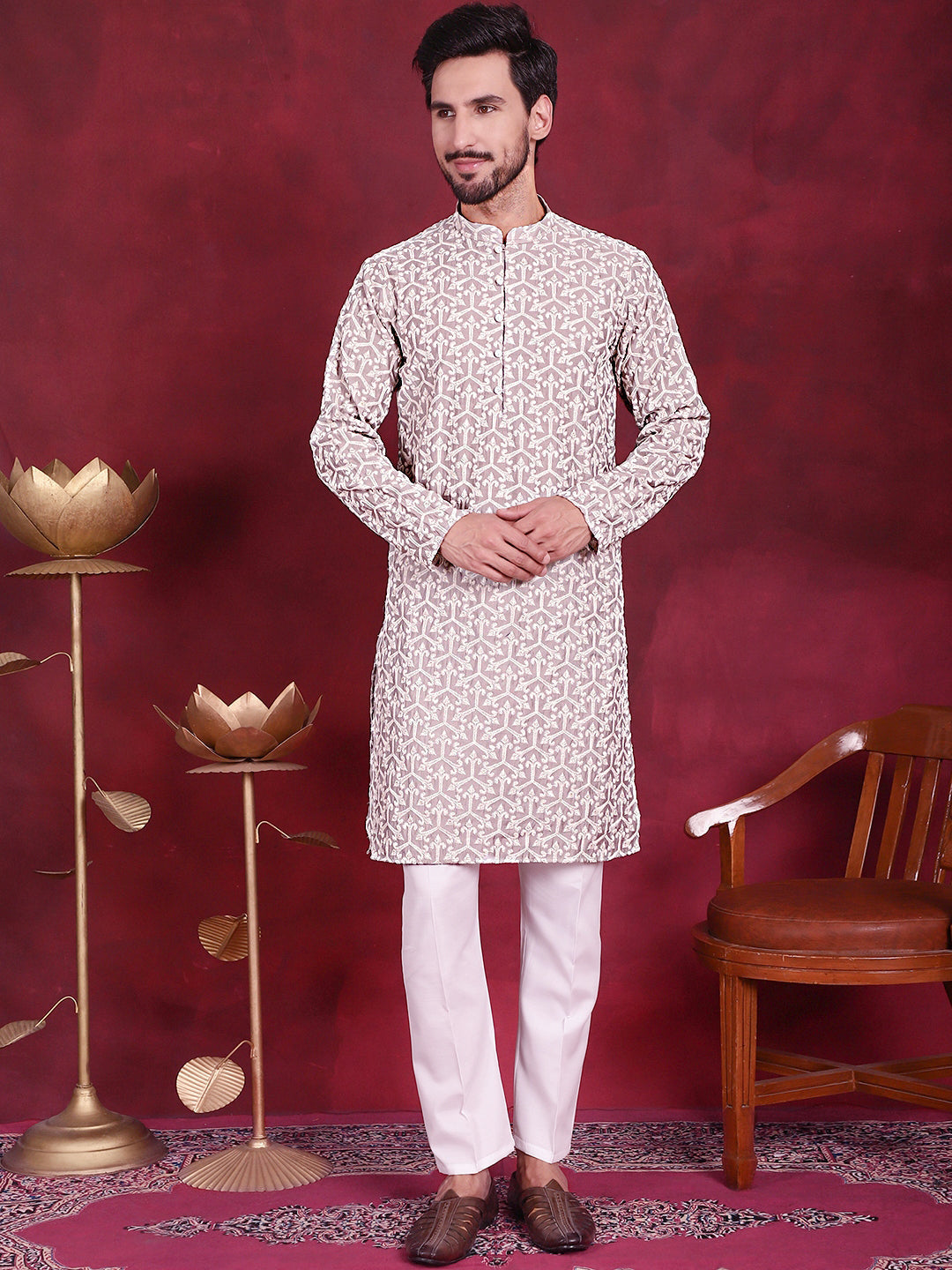 Jompers Men's Chikankari Embroidered Kurta Pyjama Set - Grey