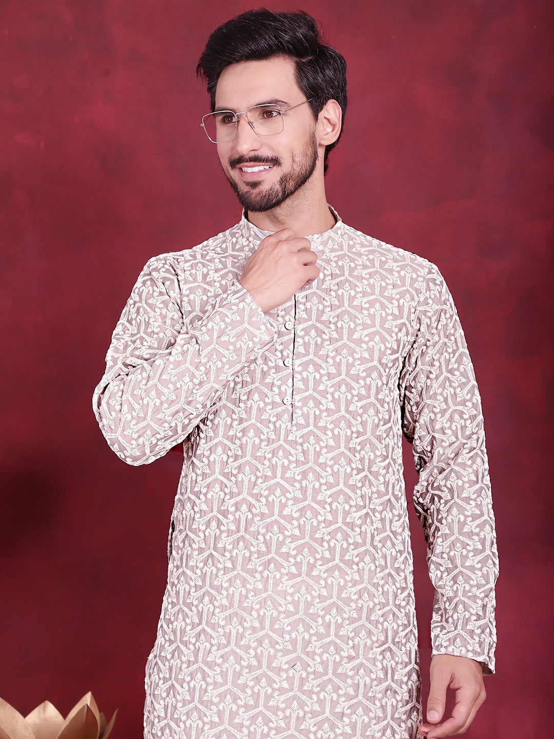 Jompers Men's Chikankari Embroidered Kurta Pyjama Set - Grey