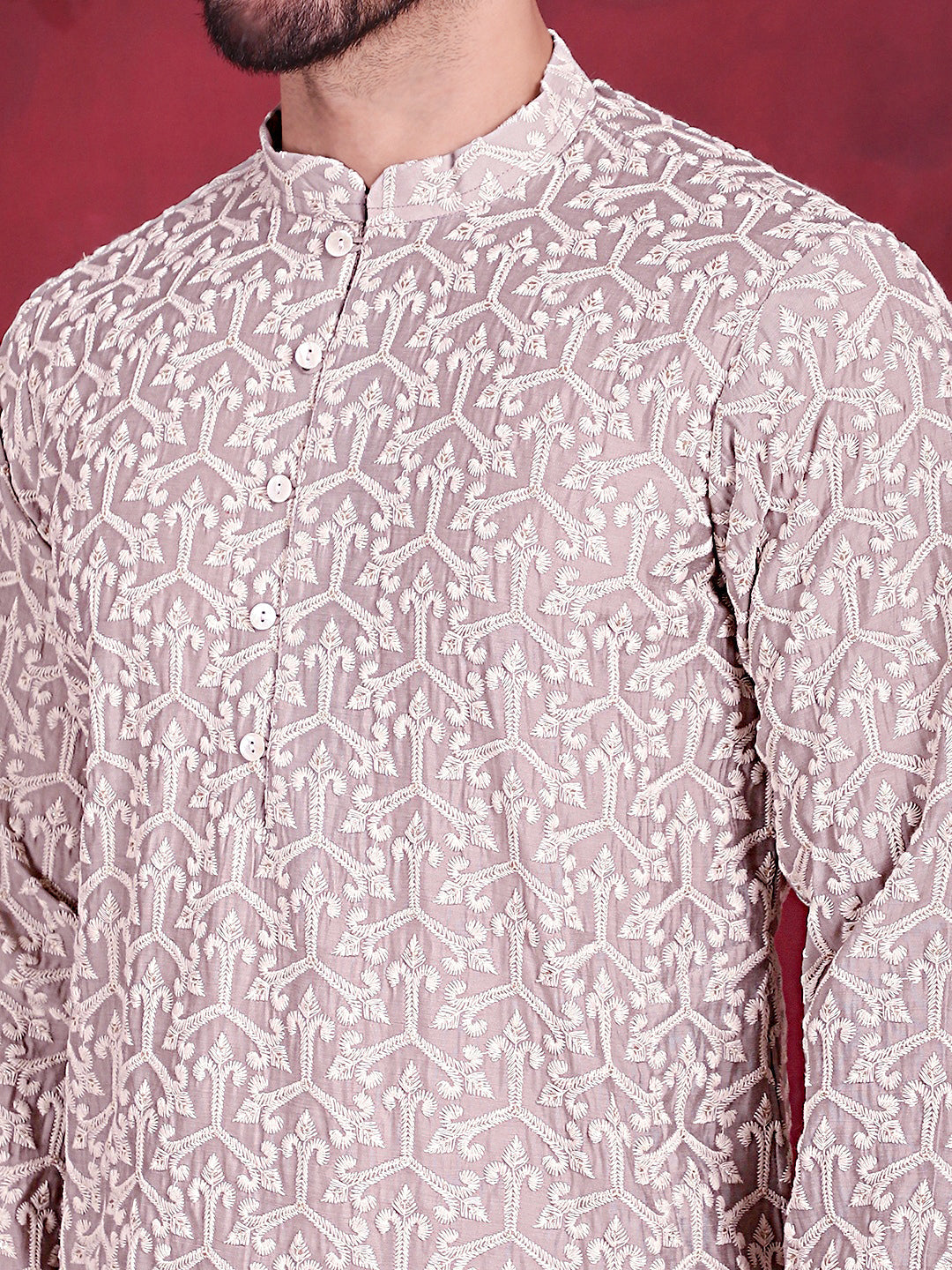 Jompers Men's Chikankari Embroidered Kurta Pyjama Set - Grey