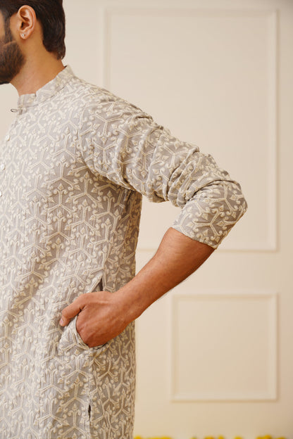Jompers Men's Chikankari Embroidered Kurta - Grey