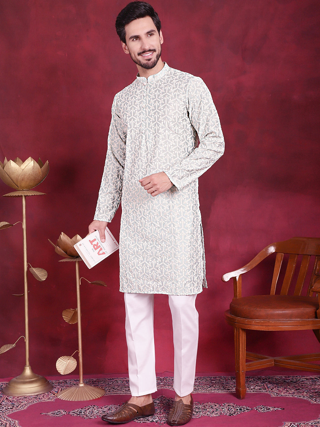 Jompers Men's Chikankari Embroidered Kurta Pyjama Set - Pista