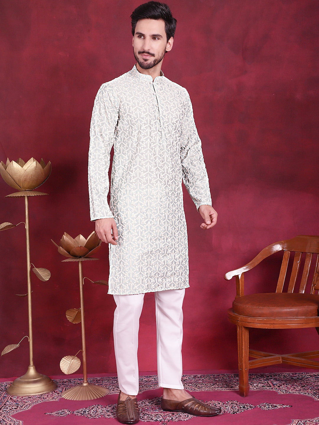 Jompers Men's Chikankari Embroidered Kurta Pyjama Set - Pista