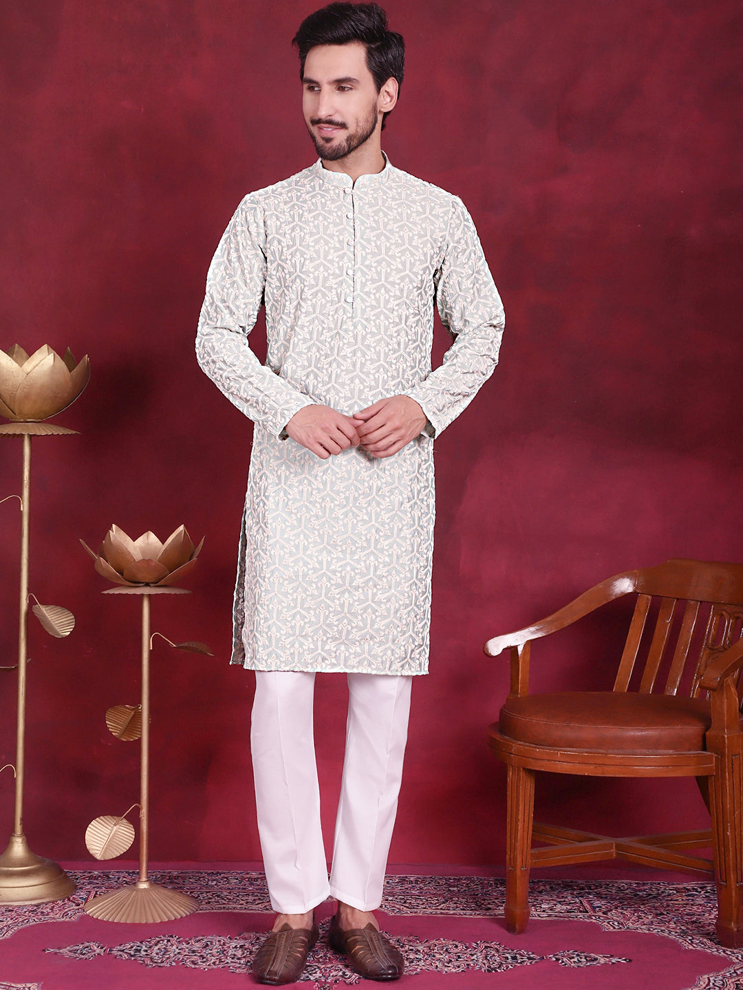 Jompers Men's Chikankari Embroidered Kurta Pyjama Set - Pista