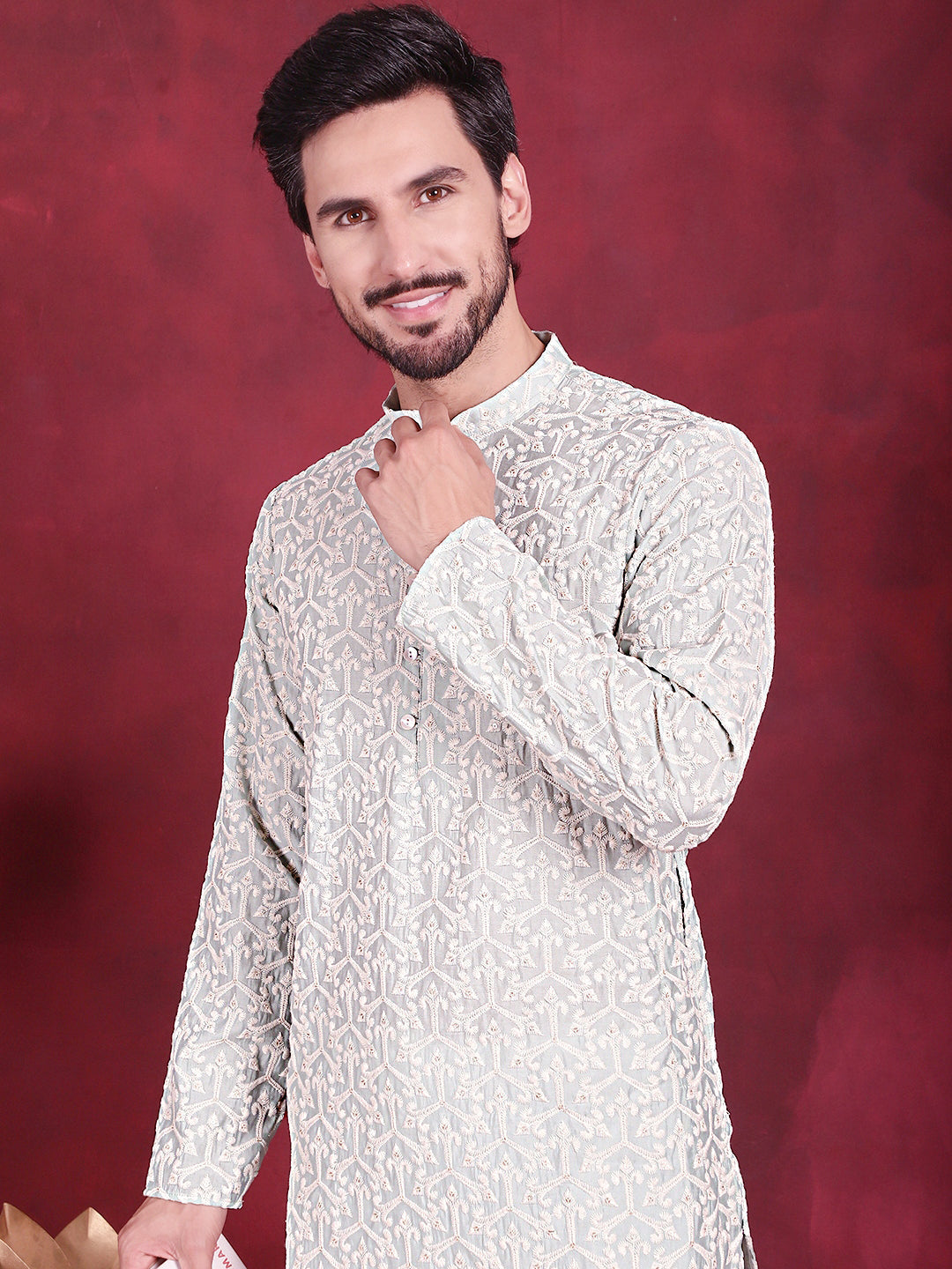 Jompers Men's Chikankari Embroidered Kurta Pyjama Set - Pista