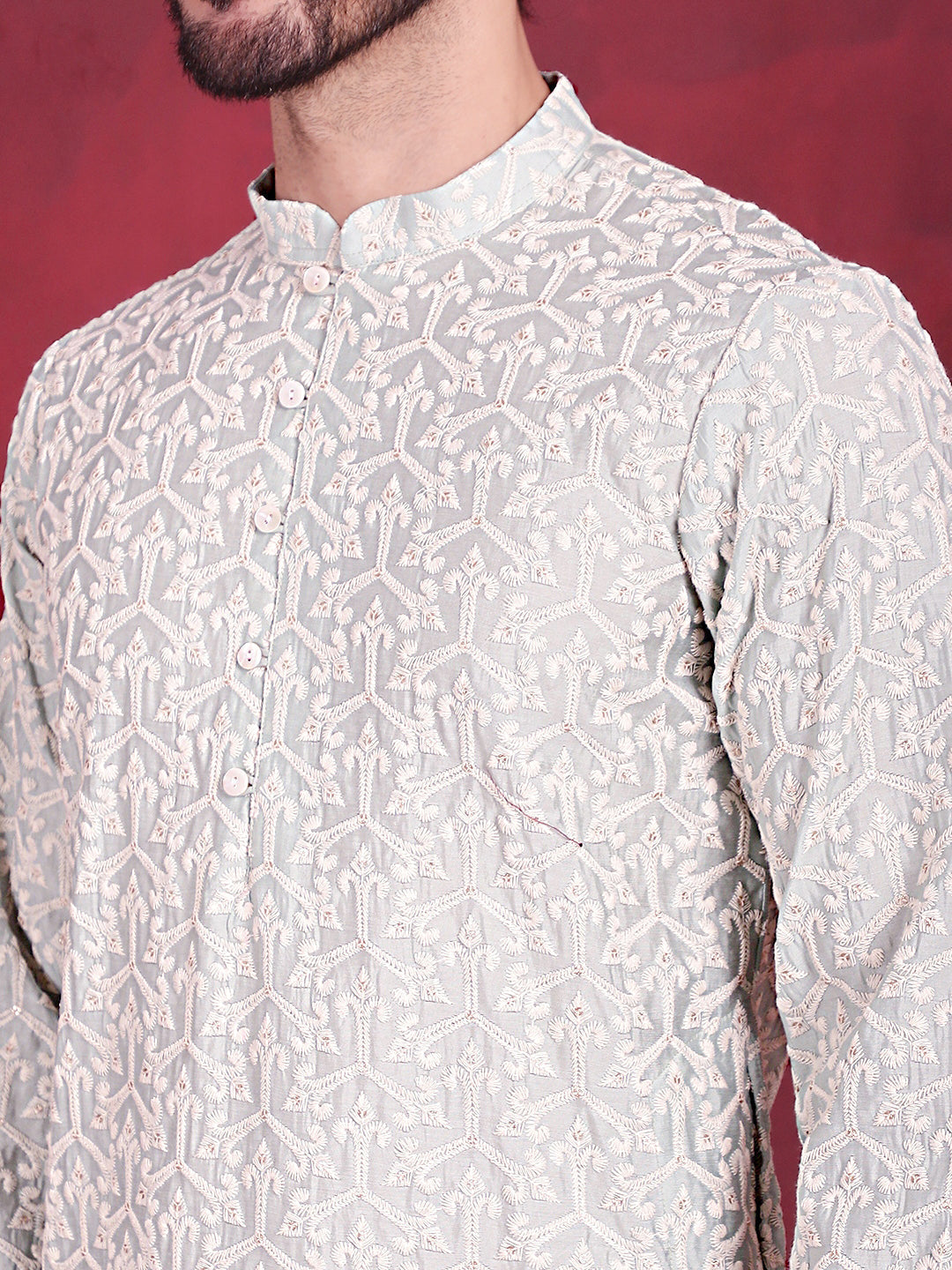 Jompers Men's Chikankari Embroidered Kurta Pyjama Set - Pista