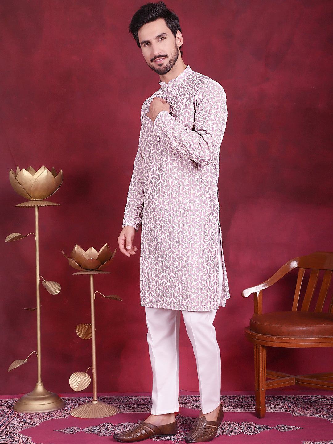 Jompers Men's Chikankari Embroidered Kurta Pyjama Set - Purple