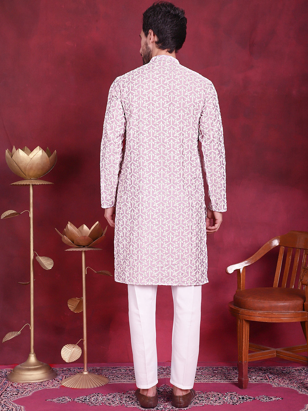 Jompers Men's Chikankari Embroidered Kurta Pyjama Set - Purple