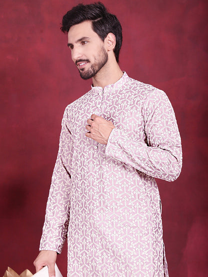 Jompers Men's Chikankari Embroidered Kurta Pyjama Set - Purple