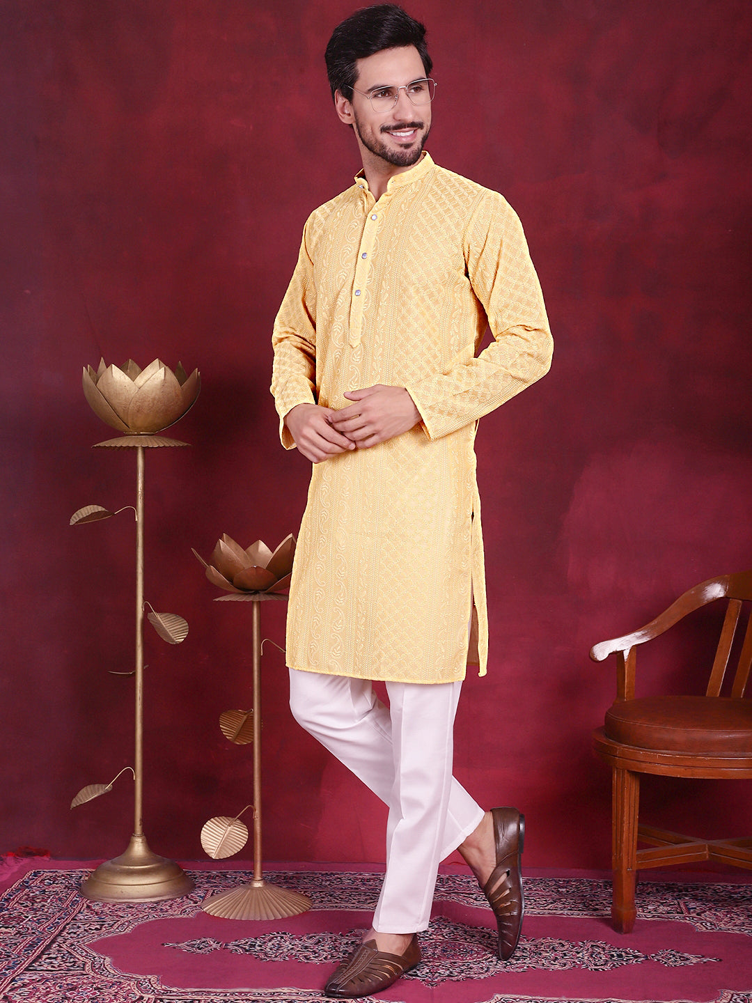 Jompers Men's Chikankari Embroidered Kurta Pyjama Set - Beige
