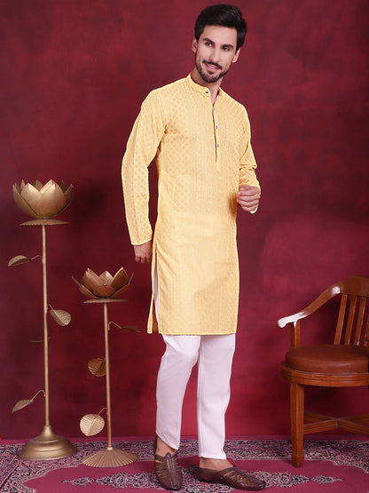 Jompers Men's Chikankari Embroidered Kurta Pyjama Set - Beige