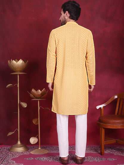 Jompers Men's Chikankari Embroidered Kurta Pyjama Set - Beige