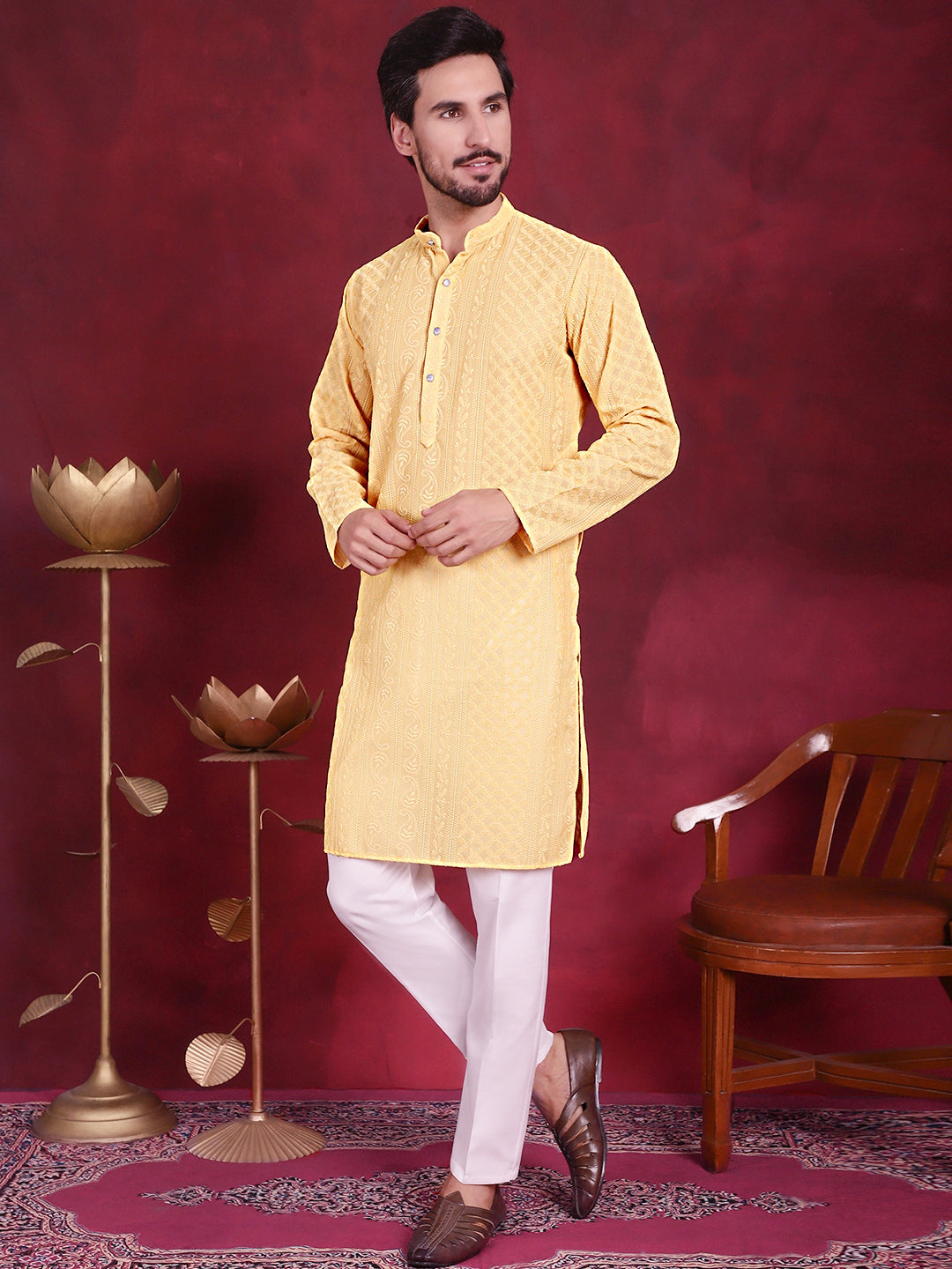 Jompers Men's Chikankari Embroidered Kurta Pyjama Set - Beige