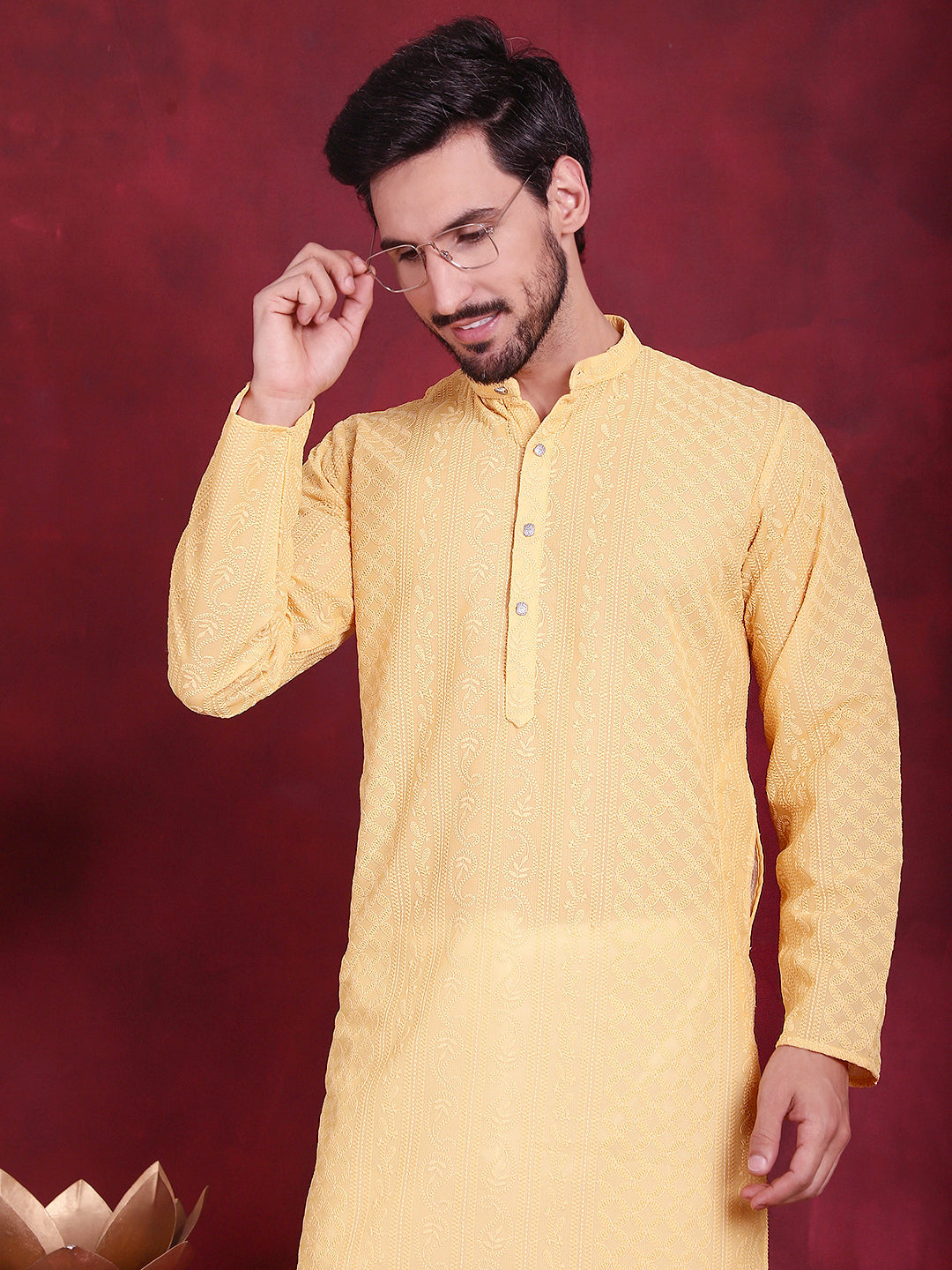 Jompers Men's Chikankari Embroidered Kurta Pyjama Set - Beige