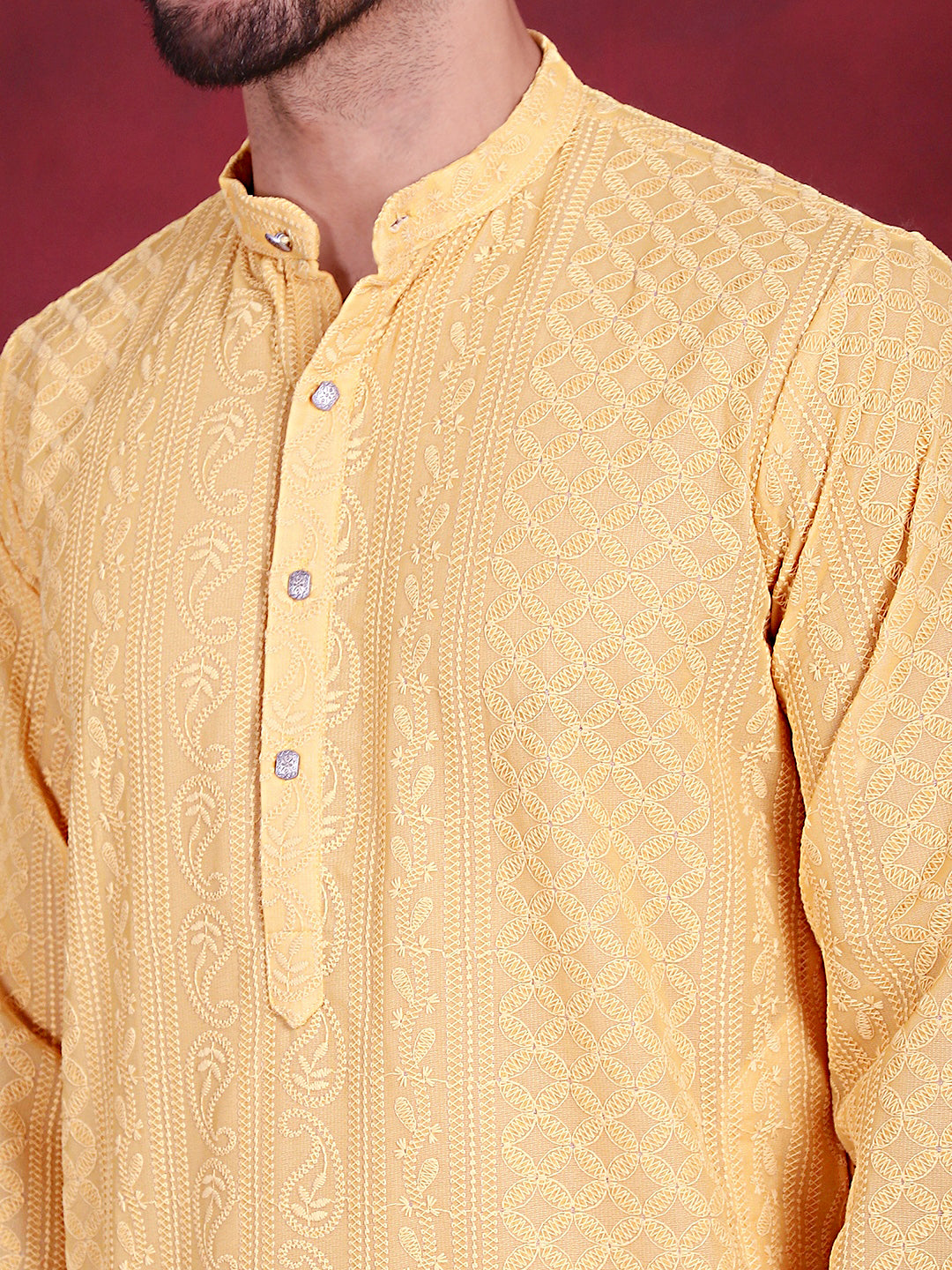 Jompers Men's Chikankari Embroidered Kurta Pyjama Set - Beige