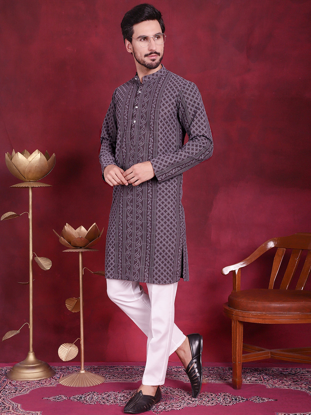 Jompers Men's Chikankari Embroidered Kurta Pyjama Set - Grey