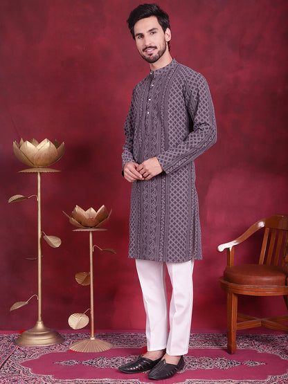 Jompers Men's Chikankari Embroidered Kurta Pyjama Set - Grey