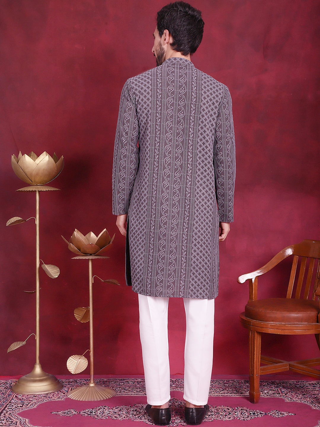 Jompers Men's Chikankari Embroidered Kurta Pyjama Set - Grey