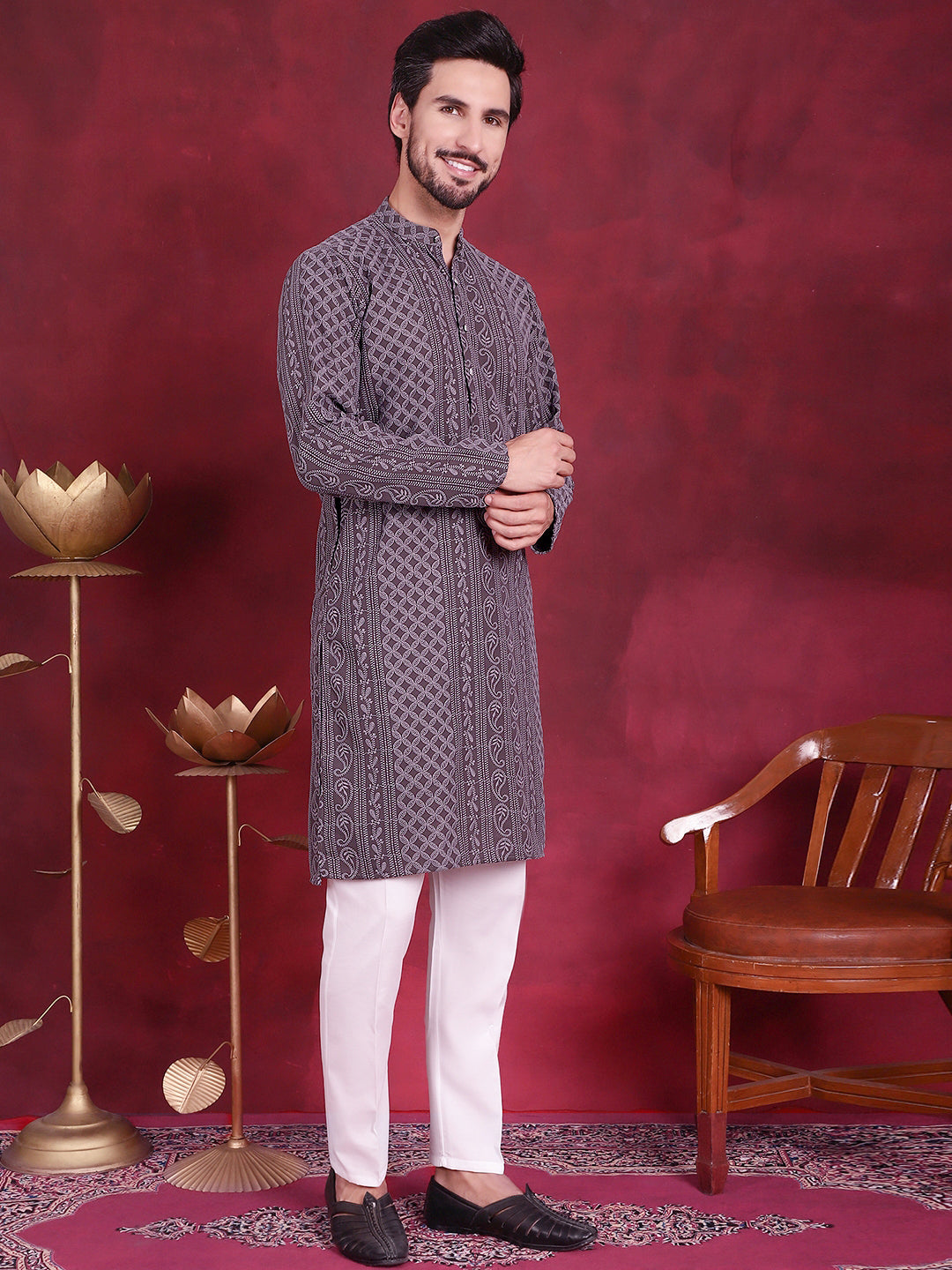Jompers Men's Chikankari Embroidered Kurta Pyjama Set - Grey
