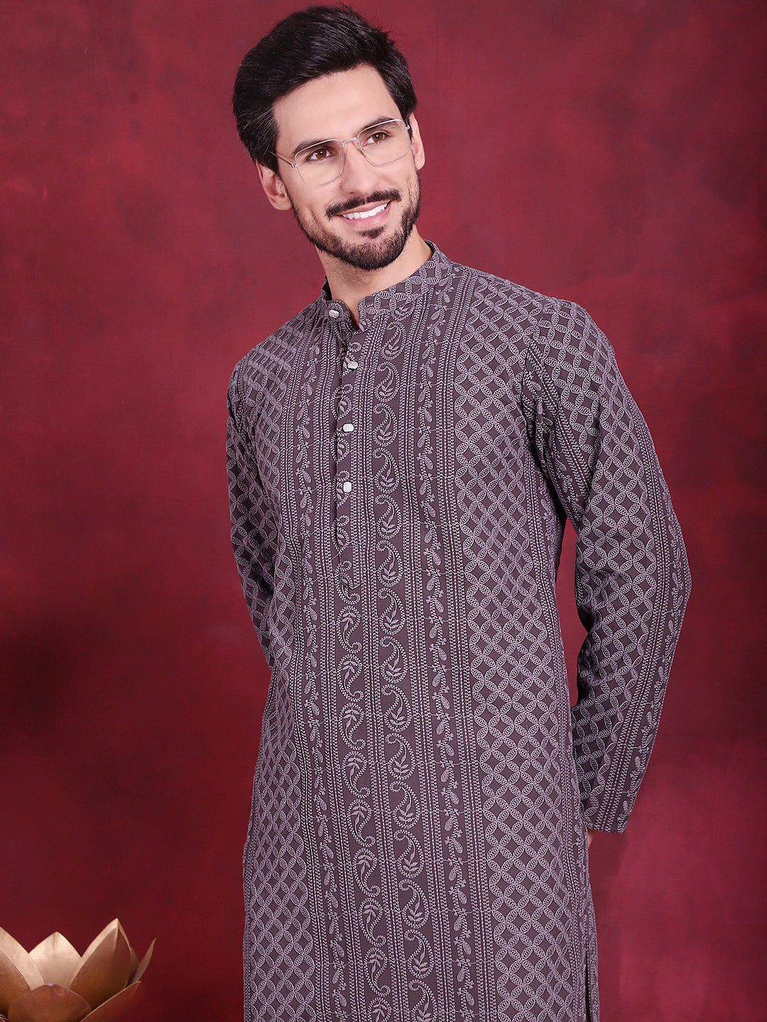 Jompers Men's Chikankari Embroidered Kurta Pyjama Set - Grey