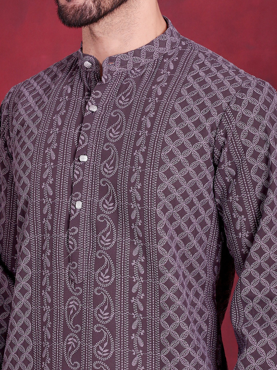 Jompers Men's Chikankari Embroidered Kurta Pyjama Set - Grey