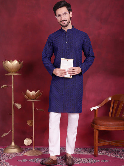 Jompers Men's Chikankari Embroidered Kurta Pyjama Set - Navy Blue