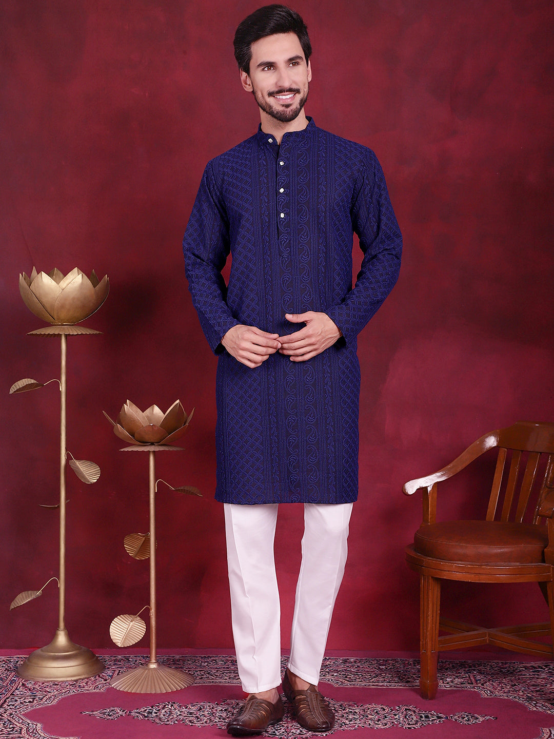 Jompers Men's Chikankari Embroidered Kurta Pyjama Set - Navy Blue