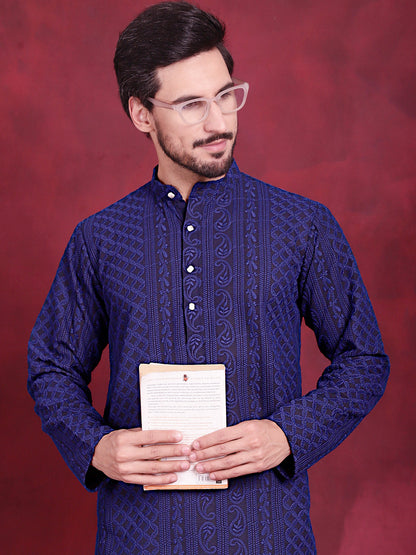 Jompers Men's Chikankari Embroidered Kurta Pyjama Set - Navy Blue