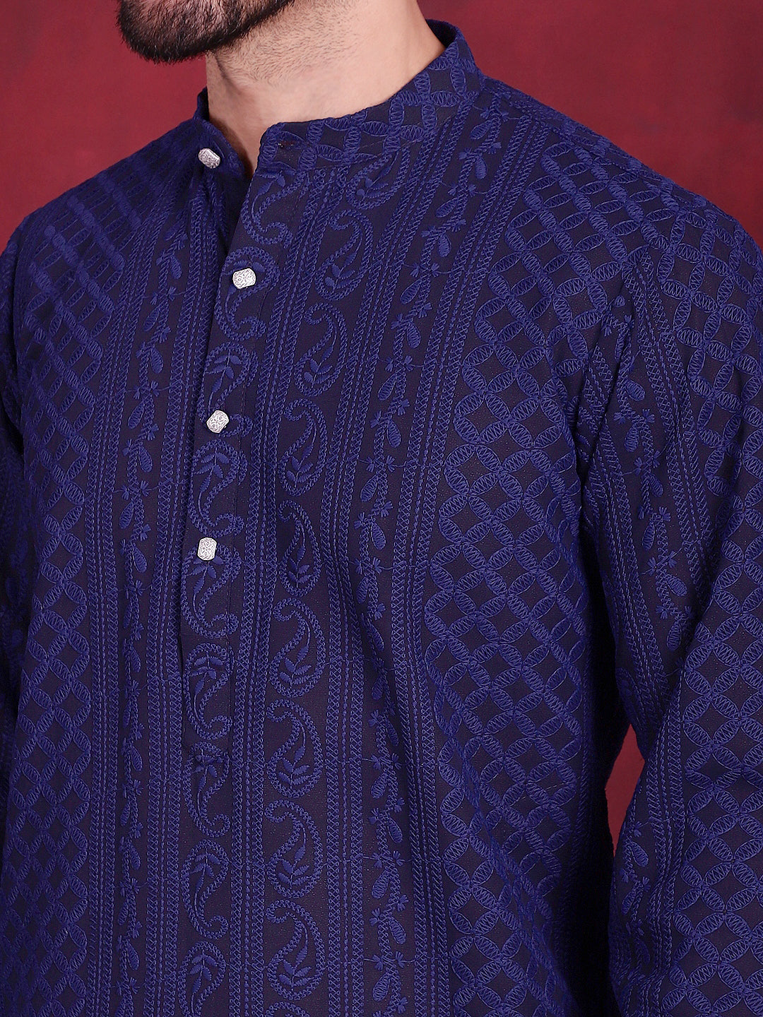 Jompers Men's Chikankari Embroidered Kurta Pyjama Set - Navy Blue